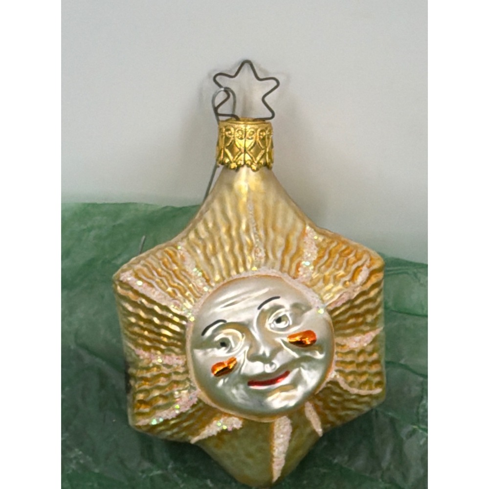 Vtg German Blown Mercury Glass Sun Face Christmas Ornament Gold Star Celestial